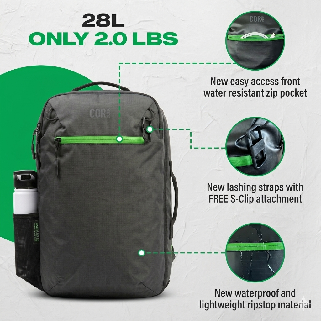 COR Surf Island Hopper 2.0 Matte Black Travel Backpack — 28L or 34L, product image 3