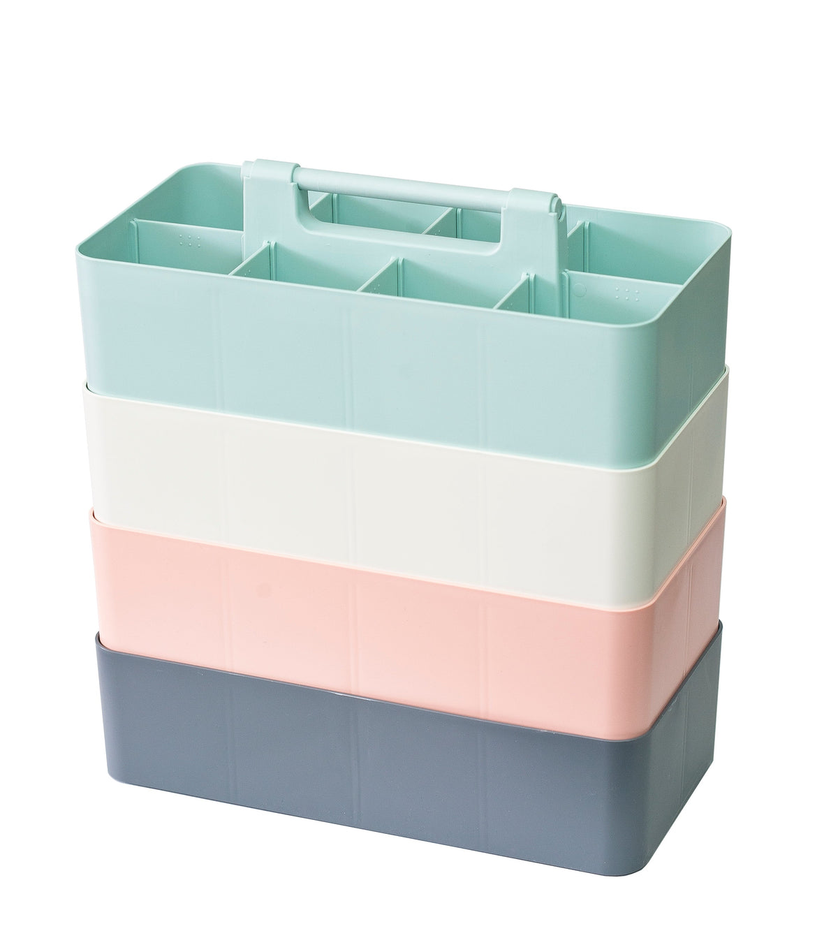 Four portable organizer caddies with carrying handles and dividers for shared classroom or office storage
