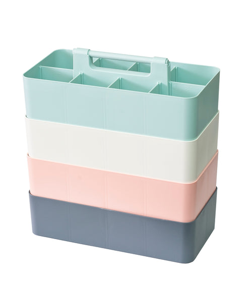 Four portable organizer caddies with carrying handles and dividers for shared classroom or office storage