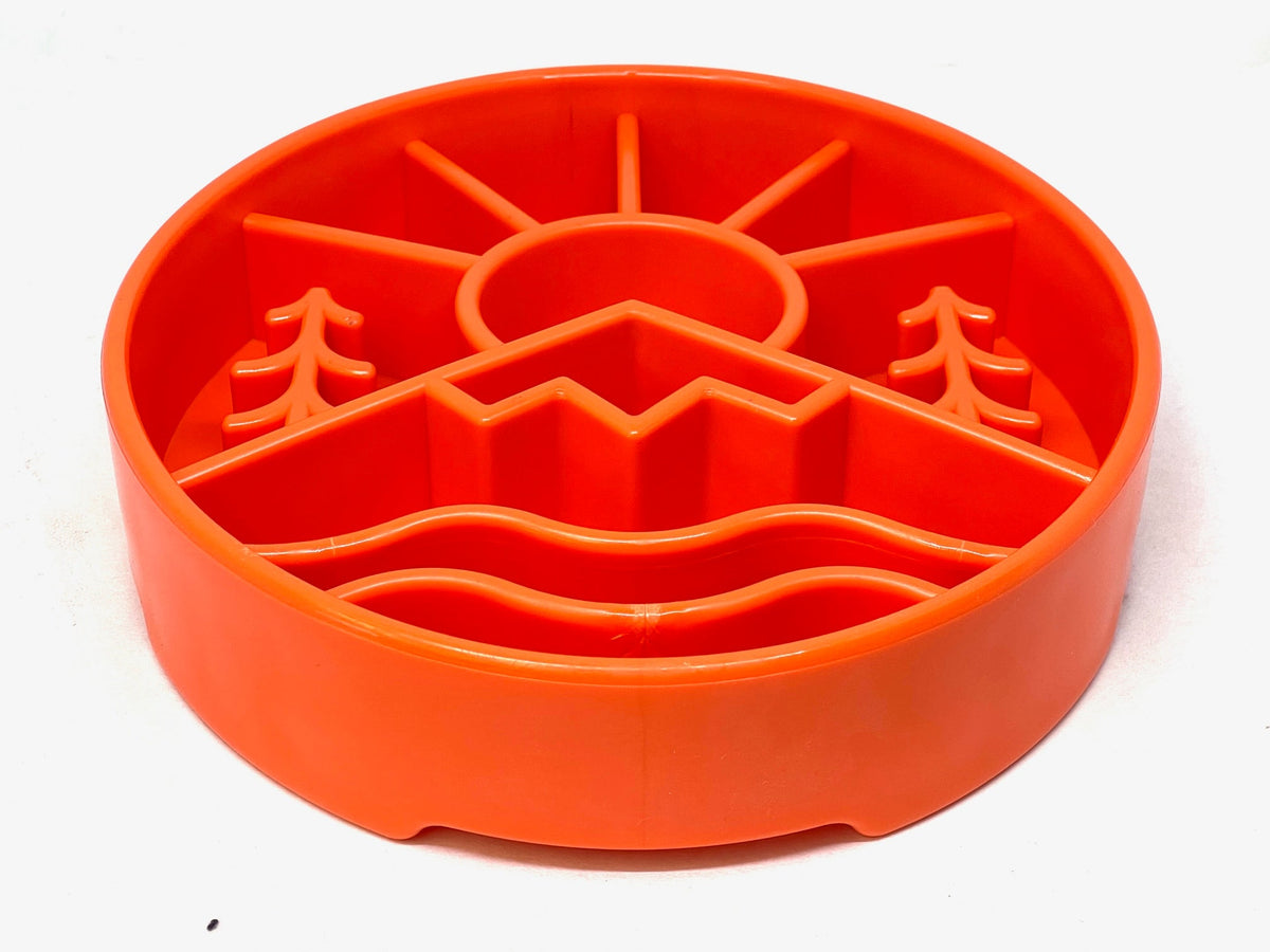 Dog using Great Outdoors slow-feeder enrichment bowl