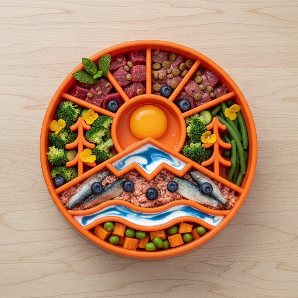 Orange terrain-pattern dog enrichment bowl product view