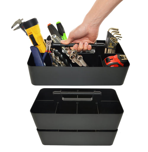 Three large portable organizer caddies with handles and divided compartments for art and classroom supplies