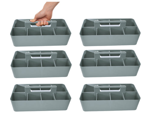Six portable organizer caddies with handles and divided storage compartments for classroom and craft supplies
